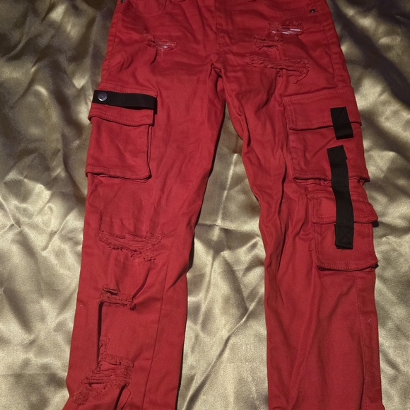 Red Skinny Cargo Pants with Black Accents - Picture 1 of 4